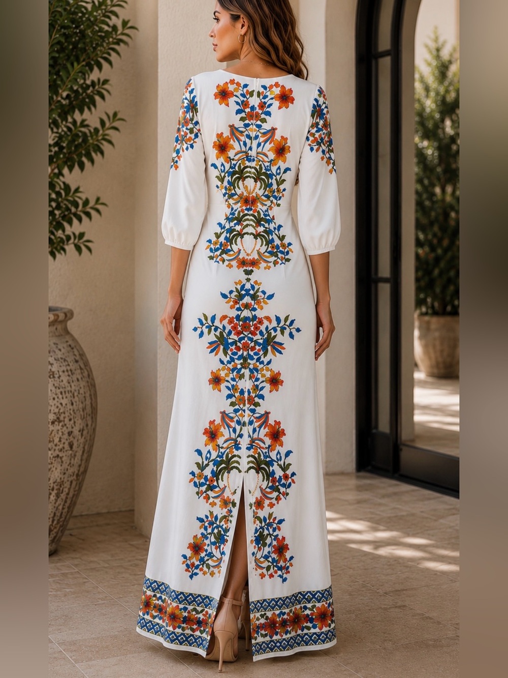 CeCe White Maxi Dress with Orange & Blue Floral Embroidery - Picture 3 of 5